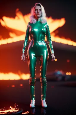 retro sci-fi portrait image from 1980, supermarket explosions, fire, people running, sweet young blonde woman walking, tight latex suit, soft color, highly detailed, unreal engine 5, ray tracing, RTX, lumen lighting, ultra detail, volumetric lighting, 3d, finely drawn, high definition, high resolution.