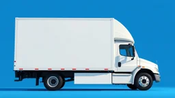 side profile of a white generic North American medium commercial truck with oversized cube box, blue background, Pixar comedic