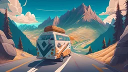 camper van driving along a winding road with mountains in the background, one way road, anime style