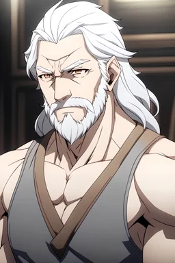 Anime Man main character with white hair, with clothes like zeus , too much muscles, serious aged 42 , with out beard