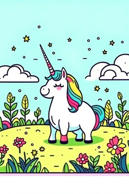 kids illustration, a cute unicorn playing in field, cartoon style, thick line, low details, vivid color