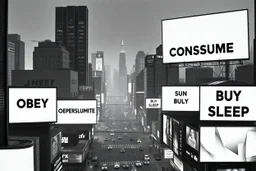 greyscale cityscape; many large white billboards populate the city with black block lettering with single word text "OBEY", or "REPRODUCE", or "CONSUME", or "BUY", or "SLEEP", 'They Live' movie by John Carpenter movie still, modern movie city panorama aesthetic, concept art