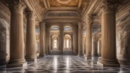 symmetrical view inside a palace in ancient Rome showing rooms, halls, courtyards, sparkling fountains, perfect symmetry, luxury, magnificent, marble statues, coloured pictorial tapestries, paintings, dream world, calm beauty, symmetry, fantasy world, magic, splendor, uplifting, inspiring, therapeutic, chiaroscuro, color, award-winning colour photograph, beautiful composition, exquisite detail, Nikon 135mm