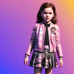 Zoey deutch toddler, full body, leather jacket, floral shirt, floral skirt, Nike sneaker, soft skin, city background, dramatic lighting, hyper realistic