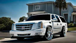 A sleek white shiny (((Customized gangsters lowrider cadillac escalade))), its contours and details perfectly captured in a (((cinematic view))), zipping along a winding road under a beautiful blue black morning sky