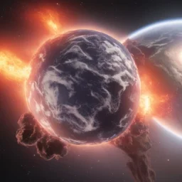 planet earth being exploding in half by a huge large meteor pieces fly into space