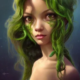 alien girl, cute, beautiful, long hair, curly hair, black hair, slim body, brown eyes, big eyes, green skin, turquoise dress, head and shoulders portrait, fantasy, 8k resolution concept art portrait by Greg Rutkowski, Artgerm, WLOP, Alphonse Mucha dynamic lighting hyperdetailed intricately detailed