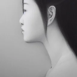 moody charcoal side profile portrait of an asian woman in her 30s, pencil portrait, side on profile, charcoal portrait, artistic black and white profile portrait, delicate, highly detailed, chiaroscuro, beautiful composition, delicate arrangement, aesthetic, soft lighting, tender