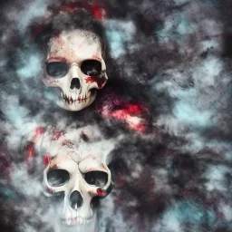 abstract photographic camera mixed with skull in dirty style. fog and smoke in atmosphere. bokeh, lens flare. Dark mood. Dripping paint. oil on canvas, mixed media, high detailed.