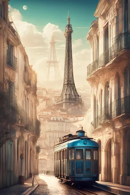 Lisbon city view in fantasy style with famous tram and eiffel tower in background, art deco influence