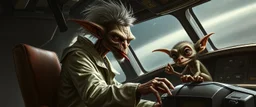 portrait of researcher slender alien rich hill troll drow elf hill billy fluffy captain pilot focus controlling flight stick in deep action, gremlin cyber punk with two crew members, in sci fi air ship waiting hall, in future dynasty, painted by Rembrandt