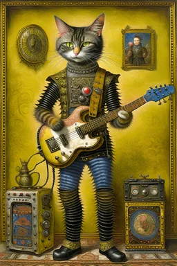 A full length portrait of a rocker-style cat mixed with a rusted robot, carrying a guitar, baroque painting by Walter Popp