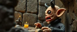 pin hole picture, miniatures on fake scene,master oil painting by Rembrandt, good afternoon disney bitch scary stone age vampire, close up on a stupid knitted doll trying to explain something weird, in the style of HR Giger