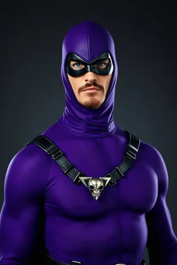 full-length, A portrait of a the Phantom, a man with piercing blue eyes, a chiseled jaw, goatee, timeless face, stern expression, Wearing a skintight formfitting purple cotton hero suit with a skintight cowl with a widows peak that fits tight to his head, but does not cover his face, he wears a thin, black leather, bandit eye disguise over his eyes, black and blue diagonally striped trunks, dual-holstered pistol belt adorned with a triangle skull-shaped buckle with leg straps, knee-high boots