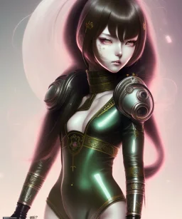 Detailed cute anime Kunoichi girl, long brown hair, green eyes, black latex bodysuit, intricate details, full body portrait, keep head in frame, slight smile, black Japanese motif, concept art, highly detailed, digital painting, concept art, sharp focus, illustration, art by Yoji Shinkawa, WLOP and greg rutkowski and alphonse mucha and artgerm and yanjun Chen and Junji ito and Makoto Shinkai, HDR, octane render