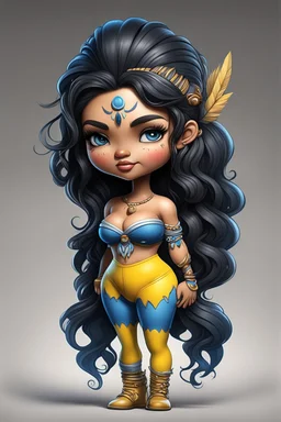 Create an airbrush image of a curvy chibi cartoon native American female wearing tight yellow jeans and a blue off the shoulder blouse. Prominent make up with hazel eyes. Extremely highly detailed shiny black wavy hair flowing down her back