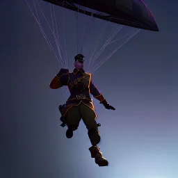 a soldier jumping off of an airship, over a battlefield at night