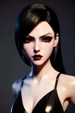 anime vampire, portrait from waist up, pale skin, latex and leather attire, crimson eyes, intricate eyeliner, vibrant eyeshadow, clear completion, soft lighting, 4k resolution, intricate details, insanely detailed, colorful cityscape background, masterpiece, expert, cinematic smooth, retroanime style, realistic details, no helmet