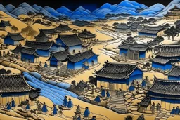 A black village in a shadow realm designed in ancient Egyptian architectures and sculptures painted by Katsushika Hokusai
