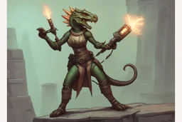 female argonian artificer who uses Tesla coils as weapons