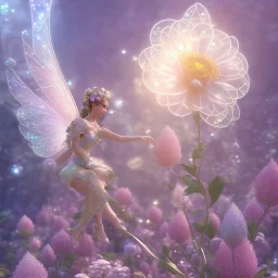 one big crystal subtle flower in a galactic ambiance with a beautiful fairy, transparent petals, delicate colors, in the foreground, full of details, smooth，soft light atmosphere, light effect，vaporwave colorful, concept art, smooth, extremely sharp detail, finely tuned detail, ultra high definition, 8 k, unreal engine 5, ultra sharp focus