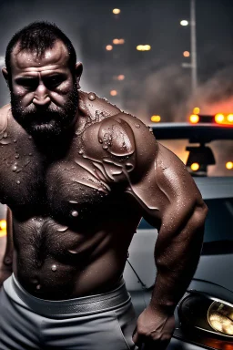 close up photography of a 39 year old dirty burly strong angry stocky turkish mechanics wet sweat, bullneck, short curly beard, short hair manly chest, white boxer, inside a car demolition parking lot, misery and poverty, open legs, photorealistic, look at camera, neon side light, very detailed , view from the ground , ambient occlusion