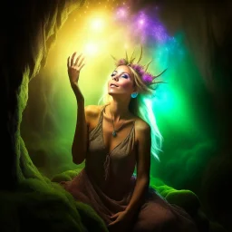 oil canvas, samantha fox hippie pixie hovering in the underground grove sparkling light confetti, in the style of dali, 8k, down-light, soft light, depth of field, photo realism, trending on art station, high detail, smoke and fog