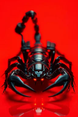 Black scorpion in red light reflecting in their cybernetic enhancements.red and yellow background