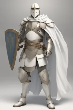 Knight wearing white armor and white cape with white mask, sword, and shield