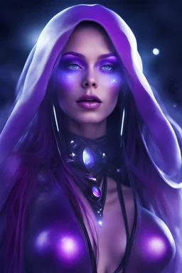 VERY BEAUTIFUL WOMAN FROM THE PLANET SATURN, WITH CYBER CLOTHING ON HER BODY, LONG PURPLE HAIR WITH A PURPLE AURA ON HER BODY