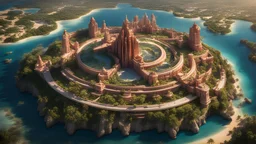 This 16K high-definition image aerial view of Atlantis. Rich architecture and vegetation, while iconic ring-shaped structures are distributed across the landscape, showcasing the prosperity of an advanced civilization. The interplay of light and shadow highlights intricate details, creating a mysterious and grandiose portrayal of this civilization. Bright clear rich red colors and gold, grand in scale highly detailed, amazing, spectacular, magnificent, stunning architecture, inspiring, majestic