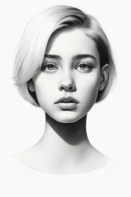 A realistic drawing in negative space black ink on white background of a beautiful front view of a young girl with clear white face, all picture is bright white. With very short French style cut hair