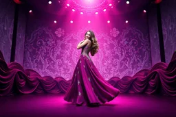 modern stage with gray-dark red blueish violet theme artistic decoration , color full dynamic lighting, a beautiful lady in maxi dress with shining silver jewels ,curvy long hair,dancing, 3D recursive fractal structure animating background