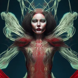 This spider woman is a fearsome sight to behold, with the body of a human woman and the head and legs of a spider. She is draped in a flowing red cloak, with a hood that covers her spider head. Her skin is covered in shimmering black scales, and her eyes glow a bright, otherworldly green. She is fast and agile, able to climb walls and ceilings with ease. She has venomous fangs and sharp claws, and she can spin webs of magical energy to ensnare her enemies. She is intelligent and cunning, and she