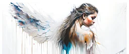 A detailed illustration of a beautiful young female human with growing out of her back. Her skin, hair and face are all made of paint. Her wings are spread. Highly detailed flawless facial features and eyes. Abstract Oil painting splash art. White background, wide angle, abstract design, beautiful, thick flowing paint strokes, dripping paint, fantasy art, modern art, ((soft happy complimentary colors,)) modern aesthetic, focused on the character, 4K resolution.