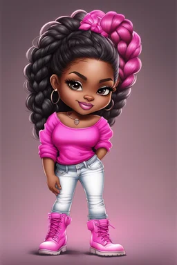 Create a digital airbrush cartoon of a curvy African American chibi female wearing tight white jeans and a off the shoulder hot pink blouse. She is also wearing timberland boots. Prominent make up with hazel eyes. Highly detailed very long extremely braids of black hair. Her skin is smooth and silky. Background of a track of ATV riders.