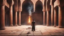 Hyper Realistic back-view of few throwing-sword on a man praying namaz in prehistoric-ancient-brick-mosque-with-ancient-islamic-architectural-patterns-crafted & flame-torches-on-wall showing dramatic & cinematic ambiance