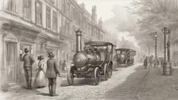 industrial steampunk street with cobbled pavement, steam cars, people, trees