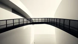 Elevated walkway of dark steel winding between white volumes, long shadows creating rhythm and a pale, nearly desaturated sky, analog architectural photography style.
