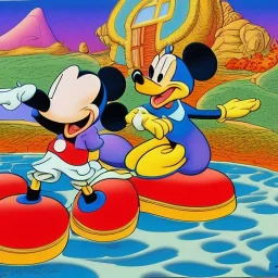 Mickey Mouse and Donald Duck by Jim Woodring in psychedelic landscape