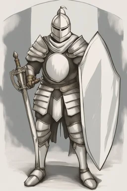 Knight wearing white armor and white cape with white helmet, holding sword and a shield