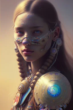 girl, cute, beautiful, Native American, head and shoulders portrait, 8k resolution concept art portrait by Greg Rutkowski, Artgerm, WLOP, Alphonse Mucha dynamic lighting hyperdetailed intricately detailed Splash art trending on Artstation triadic colors Unreal Engine 5 volumetric lighting, long hair, brown eyes, black hair, clean face, brown dress, braided hair