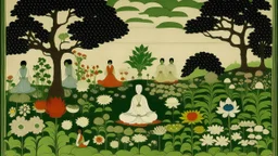 An illustration by Jakuchu and Rothko of of individuals practicing yoga surrounded by blooming flowers and lush vegetation.