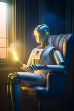 portrait of enlightened robot awake while dreaming, holding lotsa phones chatbot smoking a sigar on a throne in a fast bullet train , smoke, 4k, downlight, soft light, depth of field, photorealism, trending on art station