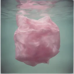 Pink plastic bag underwater in the 1970s, analog photography with white, damaged