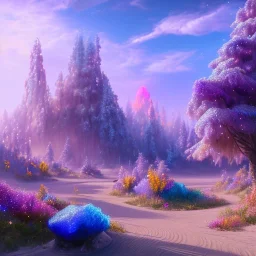 blue gold and violet landscape with multicolored crystals falling from the sky, full of details, smooth, bright sunshine，soft light atmosphere, light effect，vaporwave colorful, concept art, smooth, extremely sharp detail, finely tuned detail, ultra high definition, 8 k, unreal engine 5, ultra sharp focus