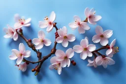 fantastic light pin blue background with four bunches of cherry blossoms