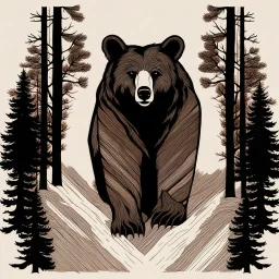 M shaped bear head combined with woods silhouette in backround, letterpress style, minimalistic pencil art