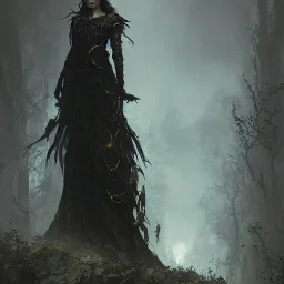 dark elegant dress druid woman, powerful, creepy, matter, majestic, flow, illustration, concept art, by Greg Rutkowski, Sung Choi, Mitchell Mohrhauser, Maciej Kuciara, Johnson Ting