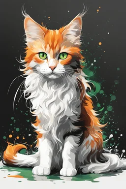 Splash illustration of a beautiful cat with long, wavy, thick hair, pointed ears, bright green eyes, orange, black and white colors, ultra quality, (((full body))), sitting on the floor